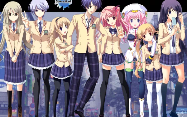 HD wallpaper of characters from the anime Chaos;Head, featuring a group of students in school uniforms standing together against a cityscape background.
