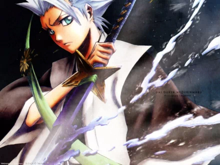 HD desktop wallpaper featuring Tōshirō Hitsugaya from the anime Bleach. The image showcases Hitsugaya with his sword, surrounded by an icy aura.
