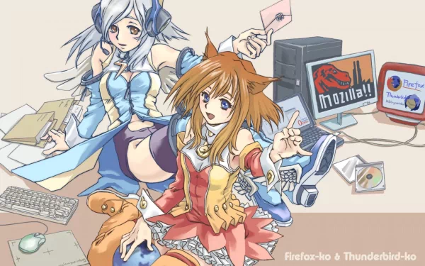 Anime characters Os-tan, representing Firefox and Thunderbird, pose playfully amid a cluttered workspace, creating a vibrant HD wallpaper for PC desktops.