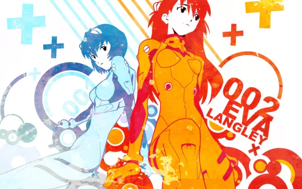 A vibrant HD wallpaper featuring Rei Ayanami and Asuka Langley Sohryu from Neon Genesis Evangelion, showcasing their cute anime styles against a colorful background.