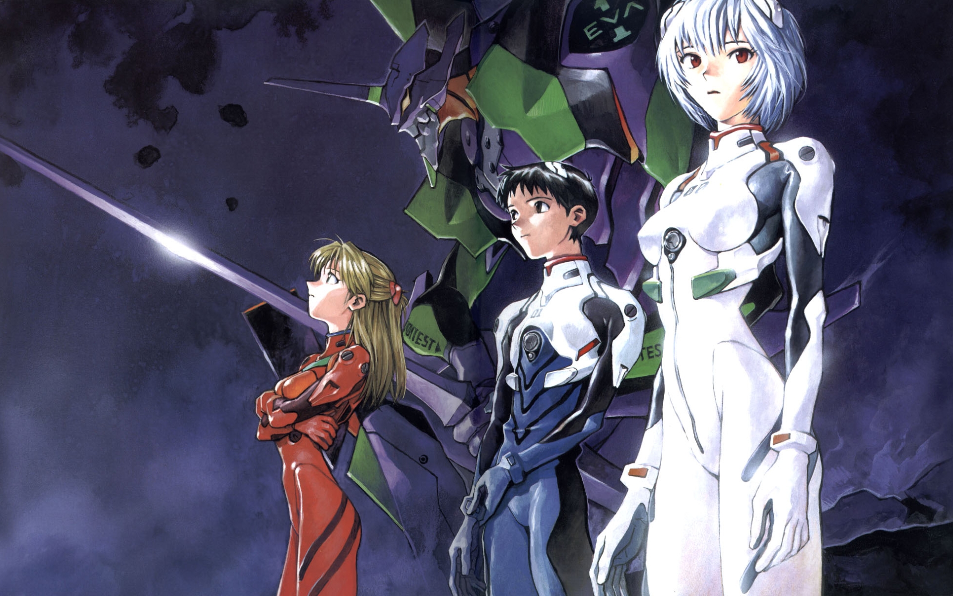 Evangelion characters including Asuka, Shinji, Rei, and Unit-01 in an HD desktop wallpaper.