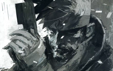 HD desktop wallpaper featuring Solid Snake from the Metal Gear Solid video game series in a gritty, monochromatic art style.