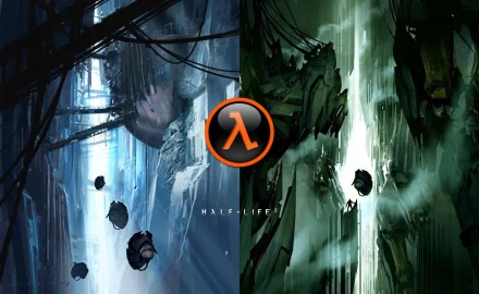 A striking HD wallpaper inspired by the video game Half-Life, featuring a dramatic split design with surreal landscapes and the iconic lambda symbol at the center.