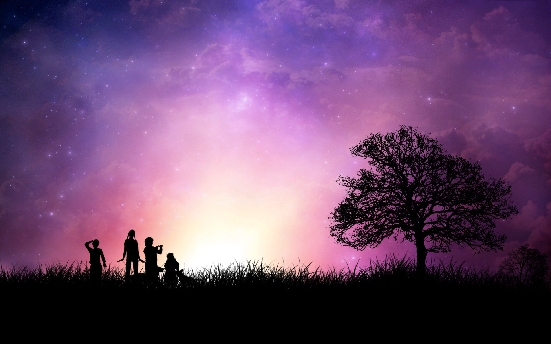 A captivating HD wallpaper depicting a silhouette of figures against a vibrant cosmic backdrop, blending elements of space, artistic expression, and nature.