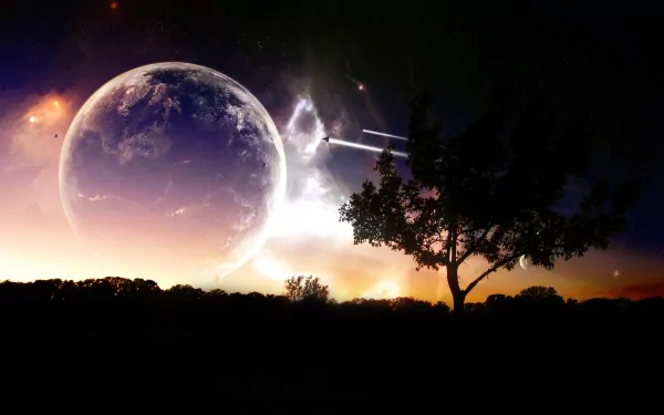 HD desktop wallpaper featuring a sci-fi scene with a spaceship flying near a planet with a glowing horizon, a silhouetted tree, and the planet rising over a dark landscape.