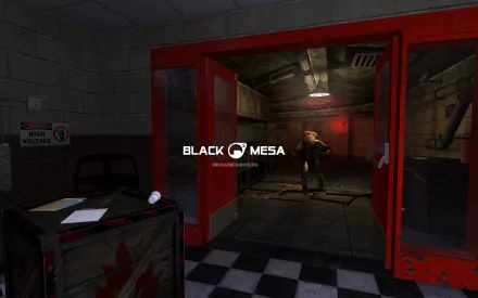 HD desktop wallpaper featuring a scene from the video game Half-Life, showing a dimly lit room with red doors and a figure in the background. The text Black Mesa is prominently displayed.