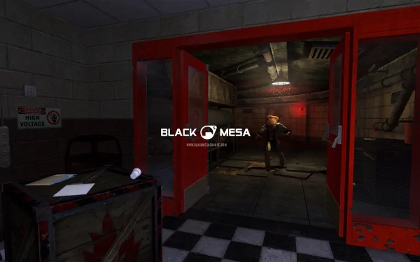 HD desktop wallpaper featuring a scene from the video game Half-Life, showing a dimly lit room with red doors and a figure in the background. The text Black Mesa is prominently displayed.
