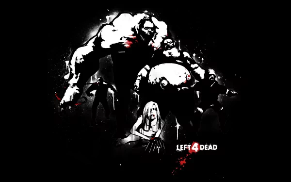 A striking HD desktop wallpaper featuring iconic characters and enemies from the video game Left 4 Dead, set against a dark, atmospheric background with splashes of red.