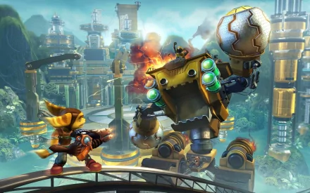 A vibrant HD desktop wallpaper featuring characters from the video game Ratchet & Clank, showcasing an epic confrontation between Ratchet and a large robotic enemy.