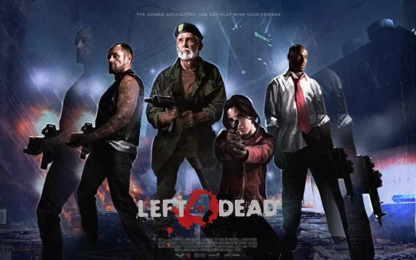 HD desktop wallpaper featuring characters from the video game Left 4 Dead. They are shown armed and ready against a dark, chaotic background with the game title prominently displayed at the bottom.