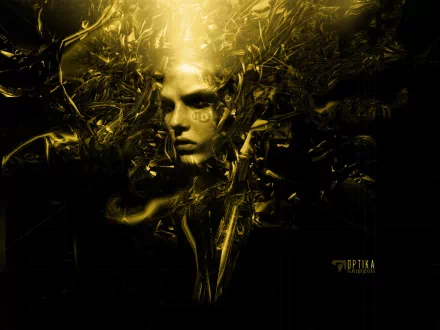 HD Sci-Fi desktop wallpaper featuring an enigmatic cyborg face surrounded by futuristic, abstract golden tendrils.