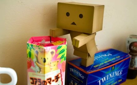 HD PC desktop wallpaper featuring a Danbo cardboard robot figure standing on a box of Twinings tea next to a colorful Koala March snack box.