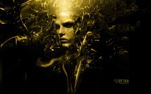 HD Sci-Fi desktop wallpaper featuring an enigmatic cyborg face surrounded by futuristic, abstract golden tendrils.
