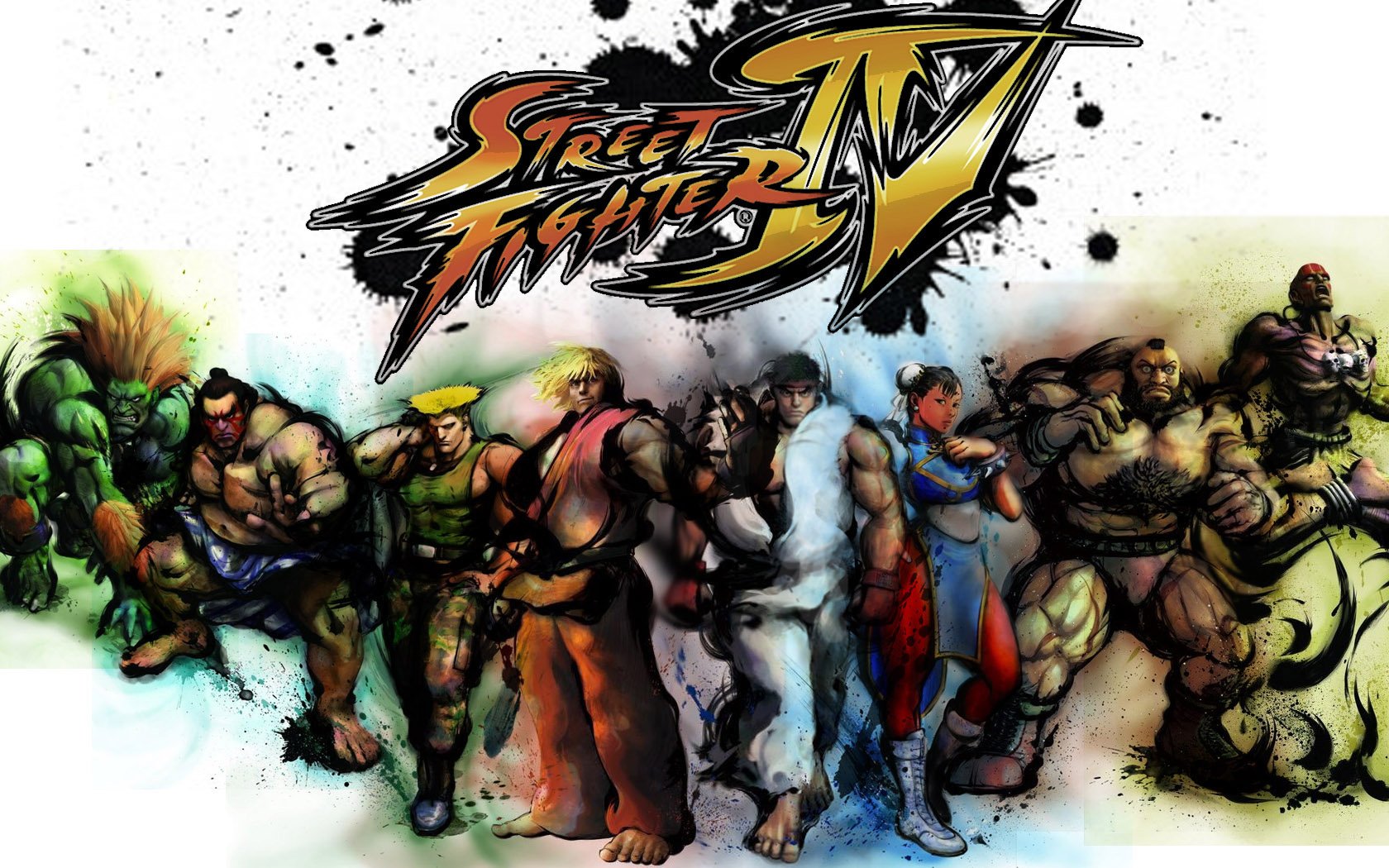 HD desktop wallpaper featuring characters from the video game Street Fighter IV, standing in a dynamic lineup with the game logo prominently displayed above them.