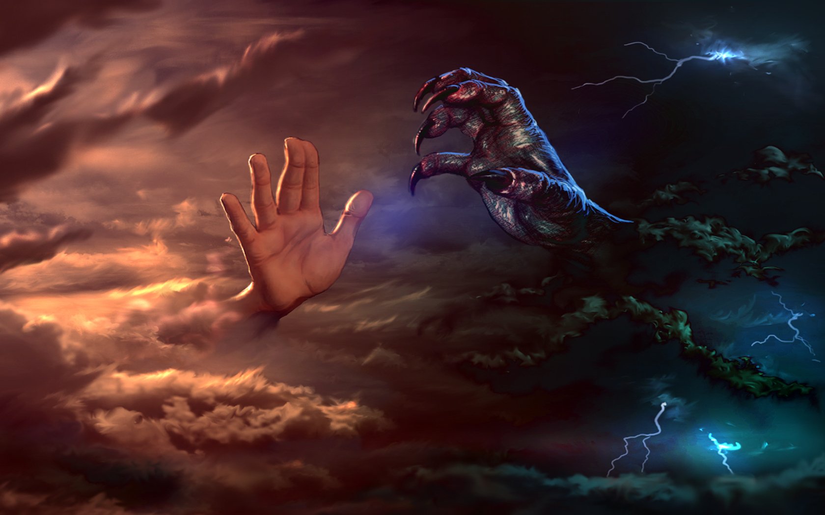 A high-definition wallpaper featuring an artistic depiction of a human hand emerging from colorful clouds, reaching towards a mysterious, clawed creature with lightning bolts in the background.