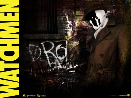 Rorschach stands in a gritty urban setting, surrounded by graffiti, with the bold WATCHMEN title alongside him. A striking HD wallpaper inspired by the iconic movie.