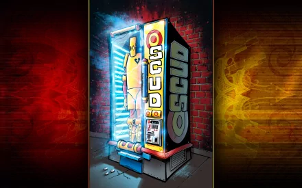 HD PC desktop wallpaper featuring a vibrant comic-style vending machine from Scud: The Disposable Assassin with bold colors and dynamic lighting.
