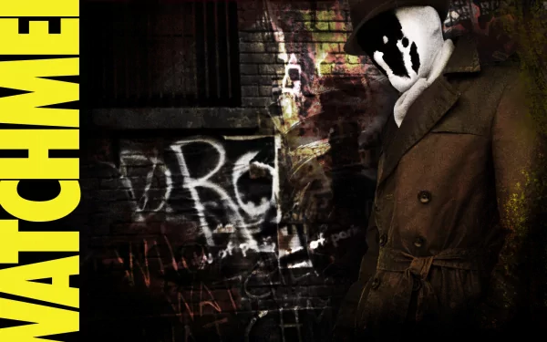 Rorschach stands in a gritty urban setting, surrounded by graffiti, with the bold WATCHMEN title alongside him. A striking HD wallpaper inspired by the iconic movie.