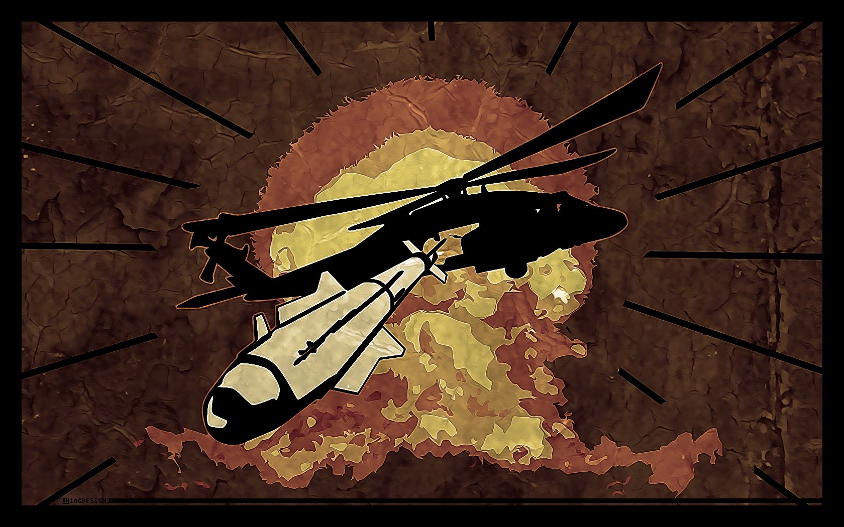 HD PC desktop wallpaper featuring a stylized military helicopter flying in front of a large explosion with a dark, textured background.