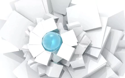 HD digital art desktop wallpaper featuring a blue sphere at the center of interconnected white geometric shapes. The composition is artistic and modern.