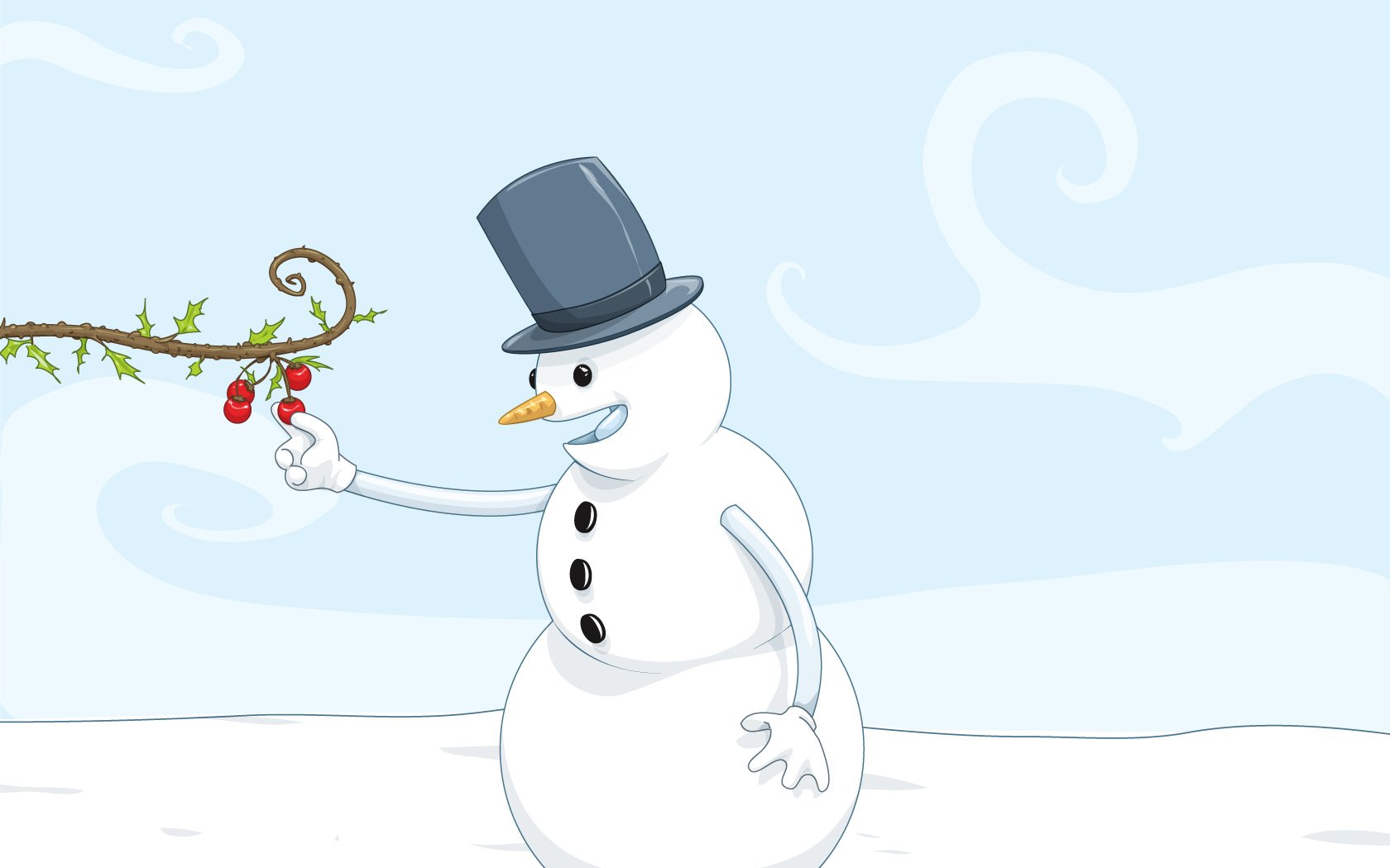 Artistic white snowman wearing a black top hat, holding a branch with red berries, set against a light blue sky on a HD PC desktop wallpaper background.