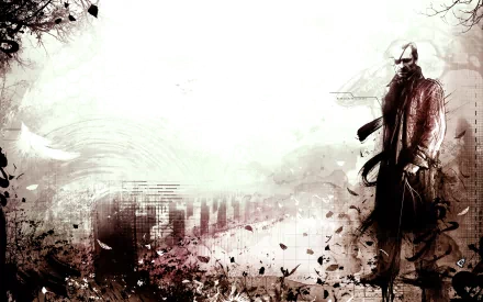 HD PC desktop wallpaper featuring a dark, stylized Metal Gear video game character standing amidst an abstract, gritty background with muted tones and dynamic effects.