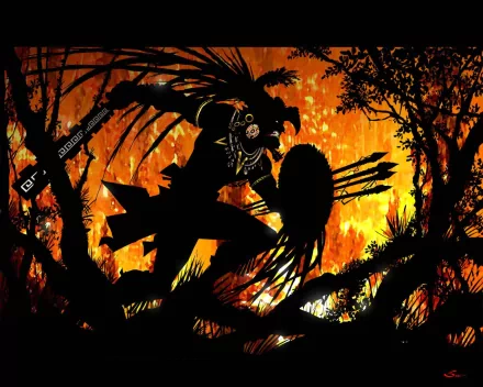 A dark silhouette of an Aztec warrior with feathers and arrows, set against a fiery orange background, creating a dramatic and intense HD desktop wallpaper.