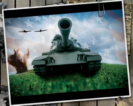A high-definition desktop wallpaper of a military tank on a grassy field, with two aircraft flying in the background against a sky with an American flag overlay and an explosion off to the side.