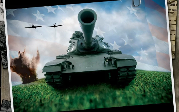 A high-definition desktop wallpaper of a military tank on a grassy field, with two aircraft flying in the background against a sky with an American flag overlay and an explosion off to the side.