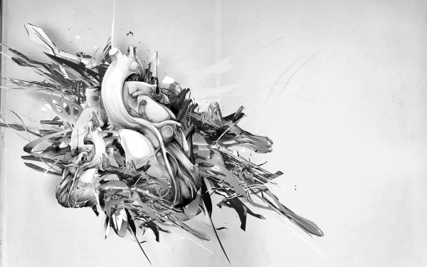 An HD desktop wallpaper featuring an abstract composition of various shapes, textures, and colors on a predominantly white background. Complex patterns create an intriguing and artistic visual experience.