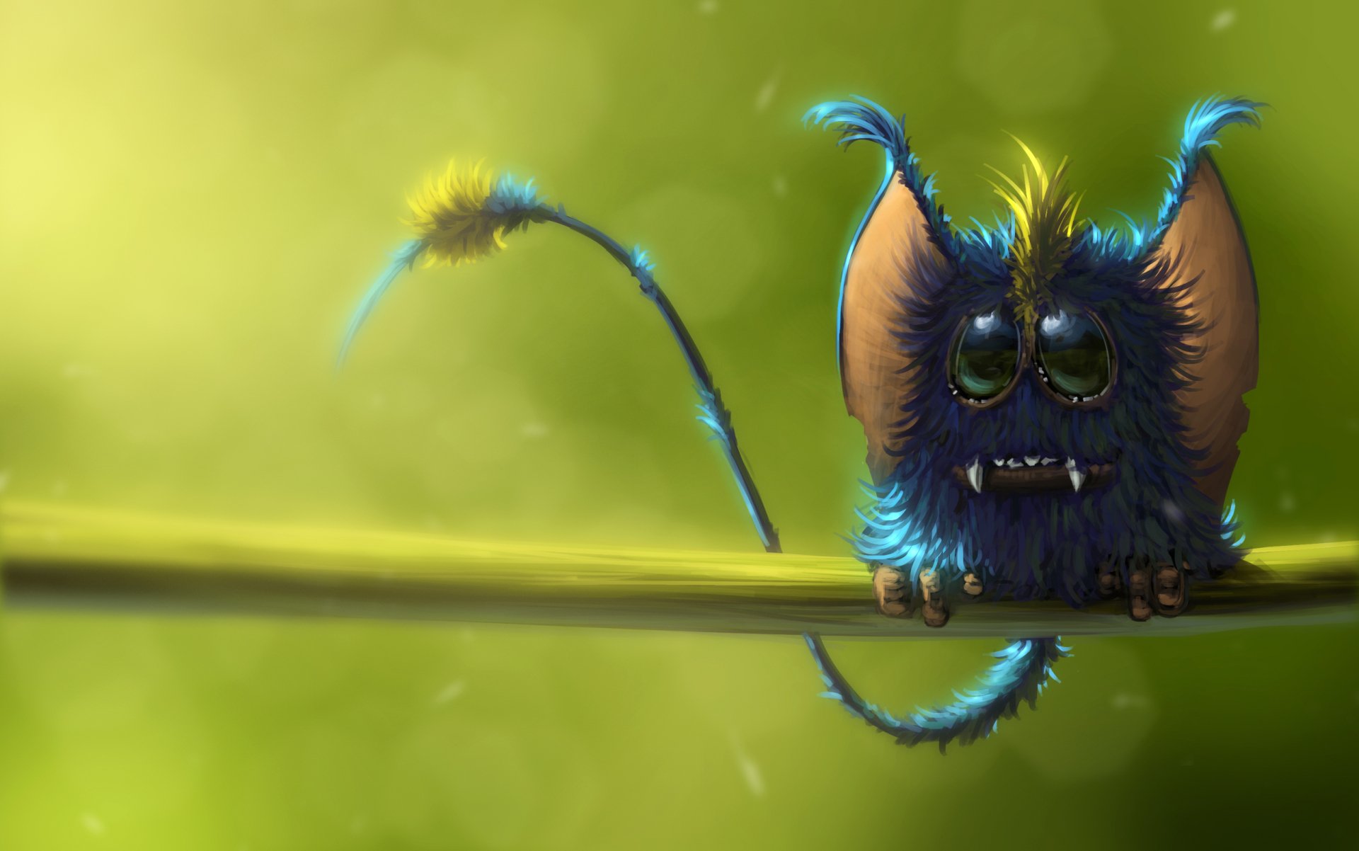 HD fantasy desktop wallpaper featuring a small, fuzzy blue creature with large ears and glowing eyes perched on a thin branch against a soft green background.
