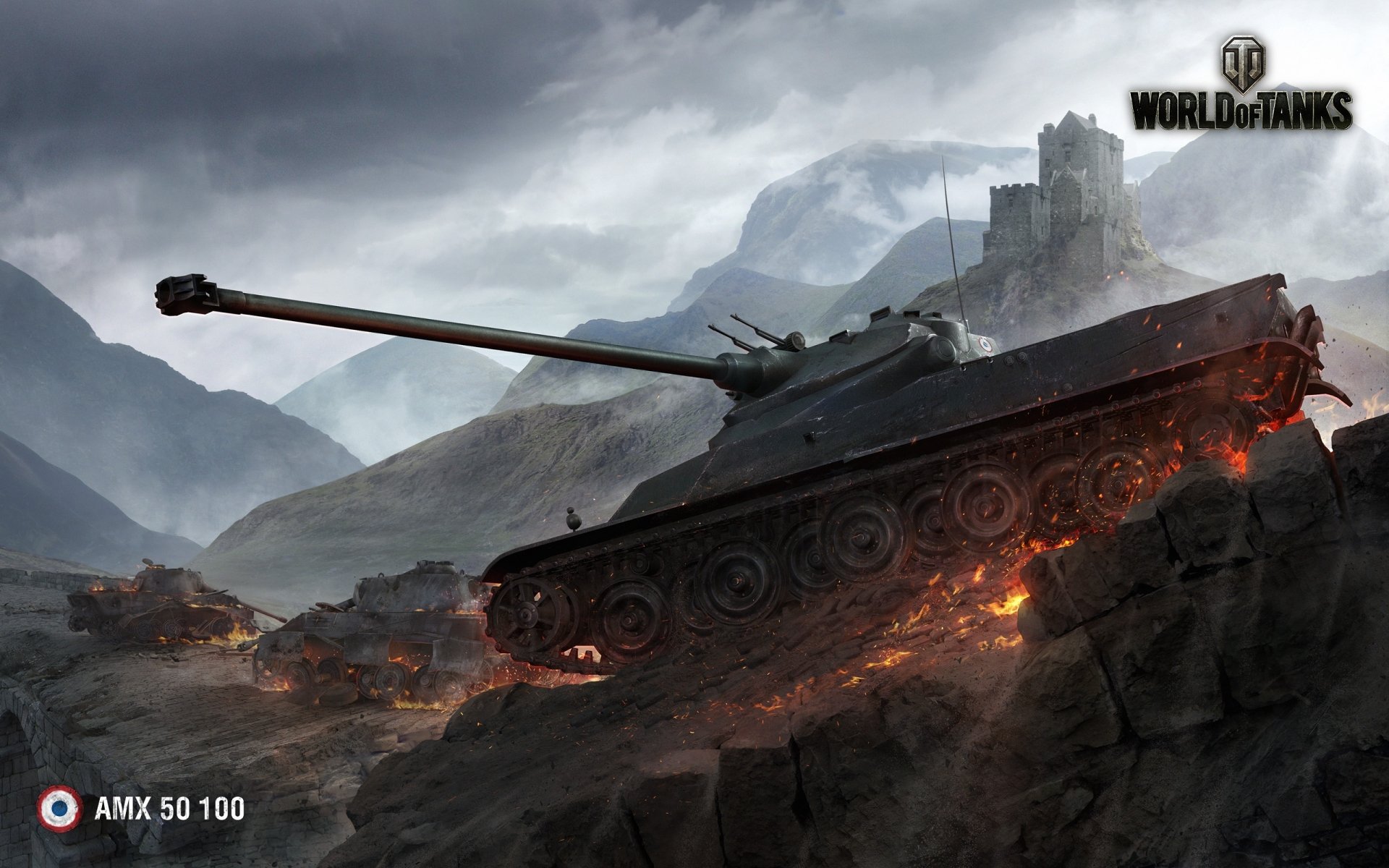 A dramatic HD wallpaper featuring an AMX 50 100 tank amidst a rugged landscape, showcasing the intense atmosphere of the video game World of Tanks.