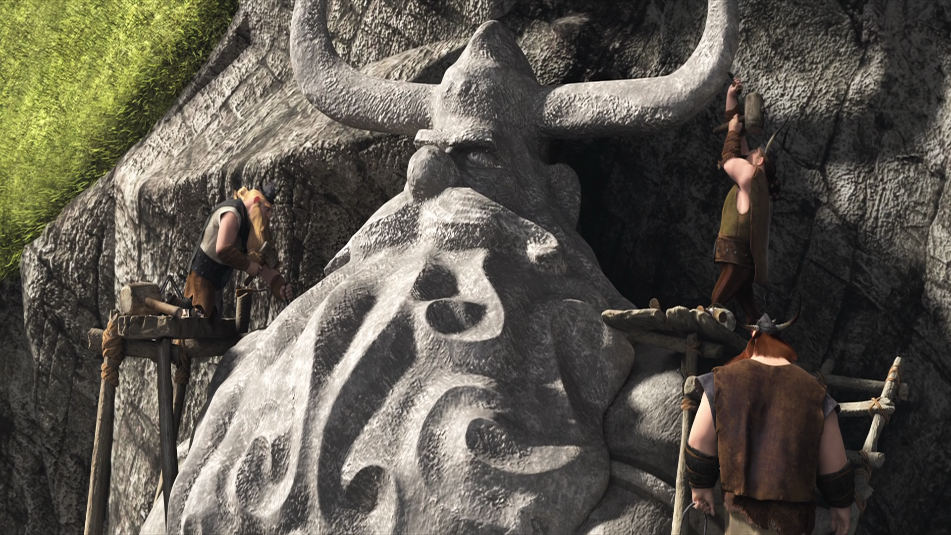 Movie HD PC desktop wallpaper/background (How to Train Your Dragon 2): carved horned Viking stone face set into a cliff with workers on wooden scaffolding.