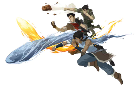 HD wallpaper of Korra, Mako, and Bolin from Avatar: The Legend of Korra showcasing their bending abilities.