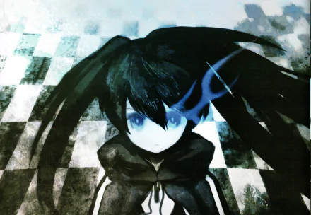 HD anime desktop wallpaper featuring Black Rock Shooter with striking blue eye flame and twin black pigtails against a checkered background.