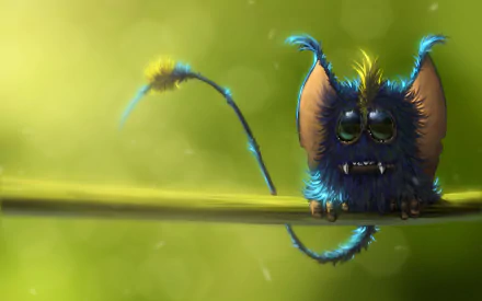 HD fantasy desktop wallpaper featuring a small, fuzzy blue creature with large ears and glowing eyes perched on a thin branch against a soft green background.