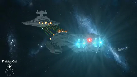 4K Ultra HD sci-fi desktop wallpaper featuring Star Wars and Star Trek inspired starships engaging in a space battle amid a cosmic backdrop.