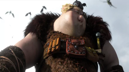 HD PC wallpaper/background of Fishlegs from the movie How to Train Your Dragon 2 — low-angle close-up of the burly Viking with a tiny dragon perched on his shoulder.