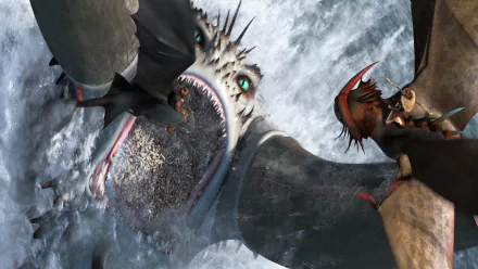 HD desktop wallpaper from How to Train Your Dragon 2 featuring Toothless, Valka, and Hiccup in an intense dragon battle scene.