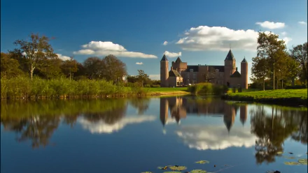 HD desktop wallpaper featuring the man-made Westhove Castle reflected in a calm body of water under a blue sky with scattered clouds.