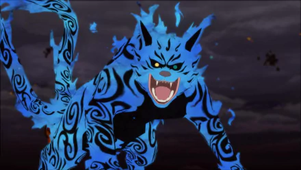 HD PC desktop wallpaper featuring Naruto's Two-Tails form from the video game Naruto Shippuden: Ultimate Ninja Storm Revolution, showcasing blue flames and tribal markings.