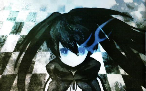 HD anime desktop wallpaper featuring Black Rock Shooter with striking blue eye flame and twin black pigtails against a checkered background.