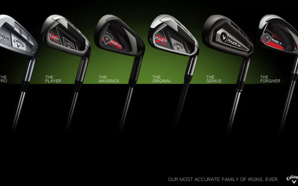 Callaway golf iron clubs displayed in a sleek HD PC desktop wallpaper, highlighting six models against a dark background with green accents.