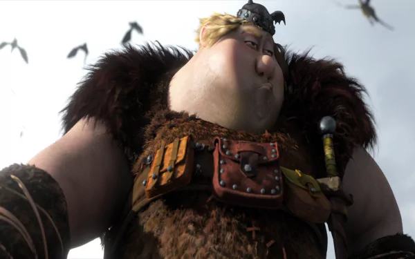 HD PC wallpaper/background of Fishlegs from the movie How to Train Your Dragon 2 — low-angle close-up of the burly Viking with a tiny dragon perched on his shoulder.