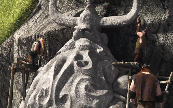 Movie HD PC desktop wallpaper/background (How to Train Your Dragon 2): carved horned Viking stone face set into a cliff with workers on wooden scaffolding.