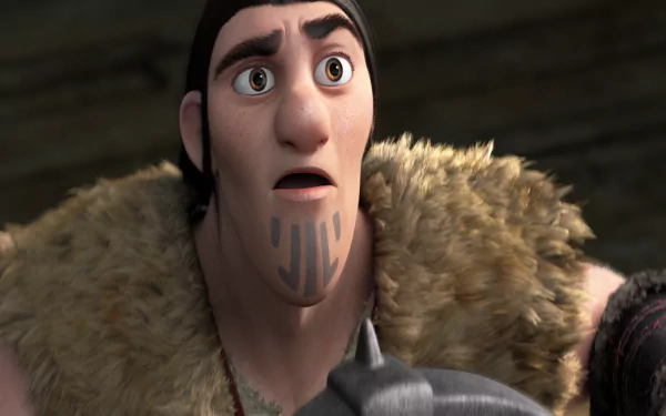 Eret from How to Train Your Dragon 2 (movie), close-up surprised face with fur cloak and chin tattoos — HD PC desktop wallpaper/background.