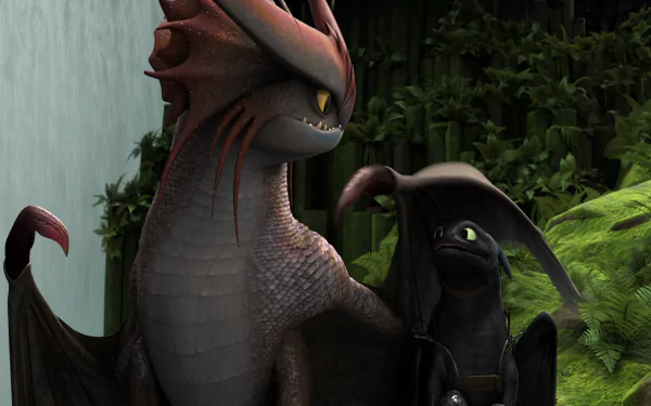 HD desktop wallpaper featuring Cloudjumper and Toothless from the movie How to Train Your Dragon 2, set against a lush forest background with a waterfall.