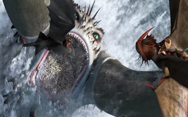 HD desktop wallpaper from How to Train Your Dragon 2 featuring Toothless, Valka, and Hiccup in an intense dragon battle scene.