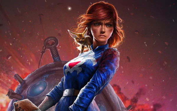 A stunning HD wallpaper featuring a character from Nausicaa of the Valley of the Wind, portraying a determined figure with a bird on her shoulder against a dramatic background.