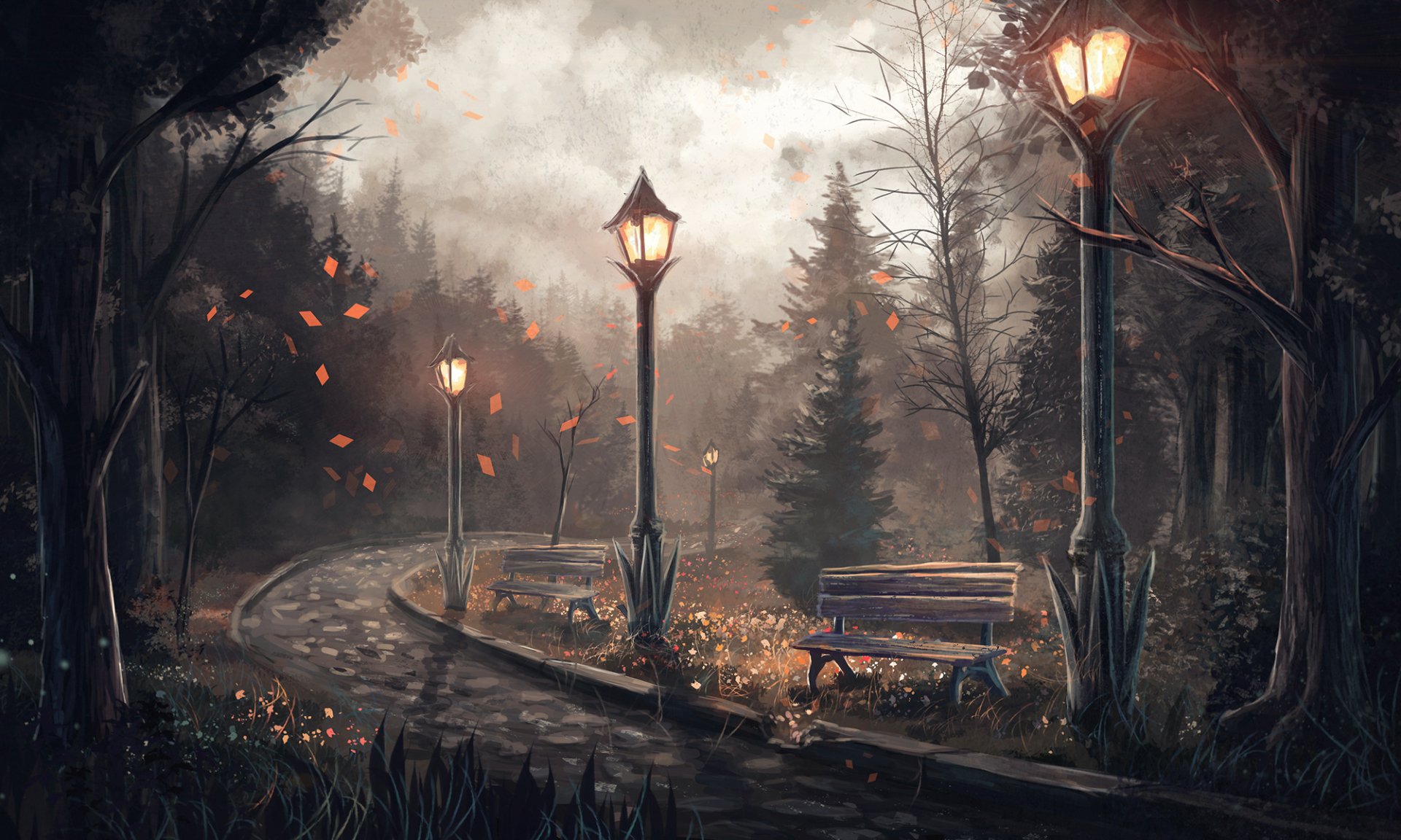 Artistic HD desktop wallpaper featuring a dimly lit pathway with benches and trees, enhanced by glowing street lamps and floating leaves.